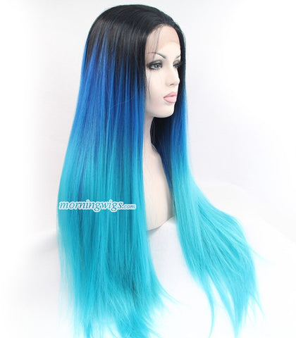 22 inches black ombre blue straight hair wigs - Luckin Wigs