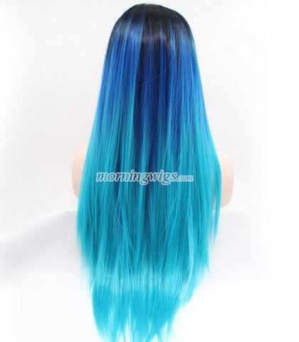 22 inches black ombre blue straight hair wigs - Luckin Wigs