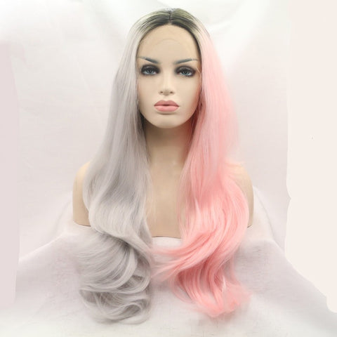 22 inches dark root grey ombre pink natural wave sythetic hair wigs - Luckin Wigs