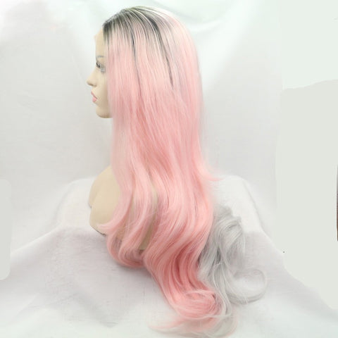 22 inches dark root grey ombre pink natural wave sythetic hair wigs - Luckin Wigs