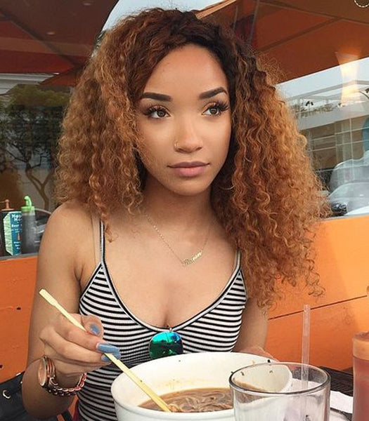 16 inches fake scalp lace wigs kinky cury black ombre blonde virgin human hair wigs - Luckin Wigs