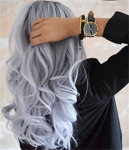 Black ombre Gray Long Body Wave  Synthetic Lace Front Wig - Luckin Wigs