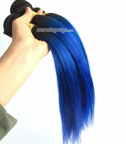 22" black ombre blue straight Brazilian human hair wefts - Luckin Wigs