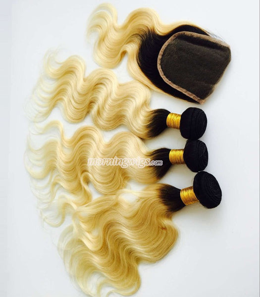16inches black ombre blonde hair weft with closure - Luckin Wigs