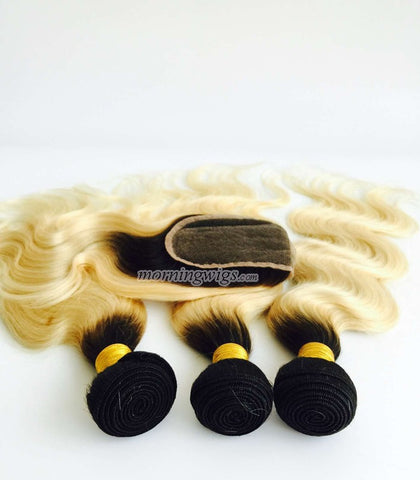 16inches black ombre blonde hair weft with closure - Luckin Wigs