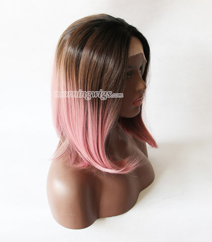 14 inches black ombre pink straight lace front wigs synthetic wig - Luckin Wigs