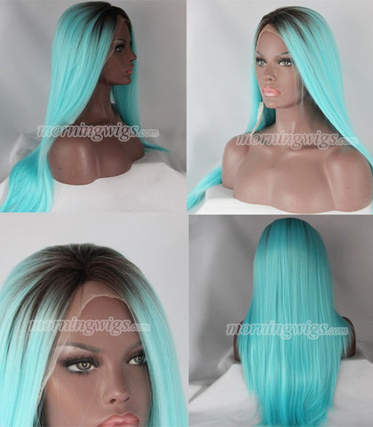 18 inches black ombre green straight lace front synthetic wigs - Luckin Wigs