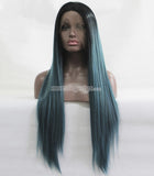 20 inches dark root ombre green straight lace front synthetic wigs - Luckin Wigs
