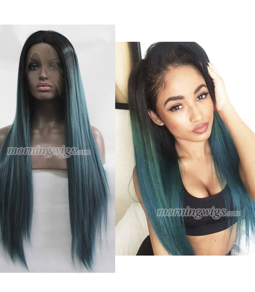 20 inches dark root ombre green straight lace front synthetic wigs - Luckin Wigs