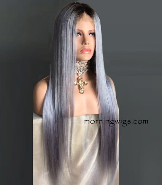 24 inches dark root grey straight 150% density human hair wigs - Luckin Wigs