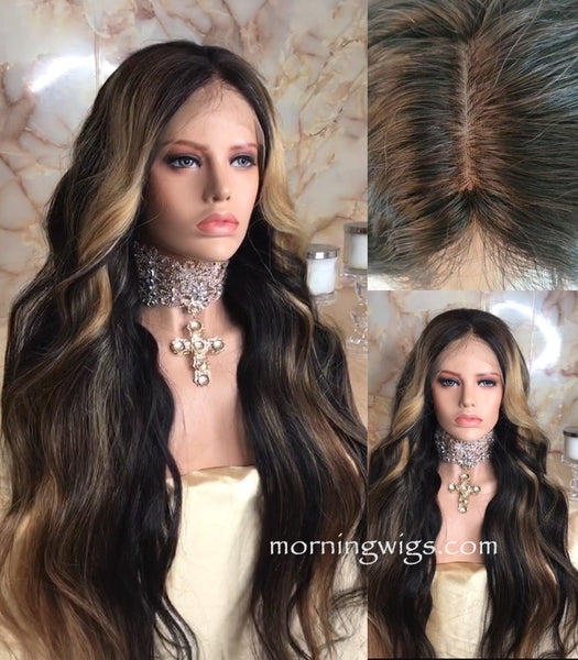 24 Inches body wave Black Mix Blonde Color Virgin Human Hair HD Lace Wigs 150% density - Luckin Wigs