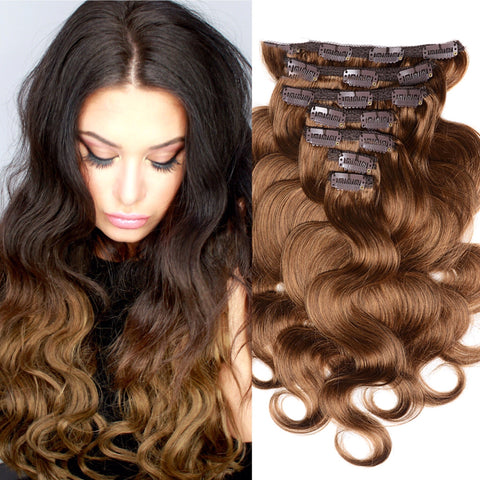 18 inches brown body wave clips in human hair extensions - Luckin Wigs