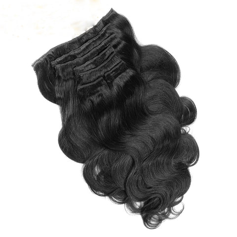 16 inches black body wave clips in human hair extensions 8 Pieces/Set Full Head Sets 100G - Luckin Wigs