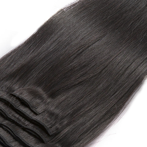 16 inches black straight clips in human hair extensions Natural Color 8 Pieces/Set Full Head Sets 100G - Luckin Wigs