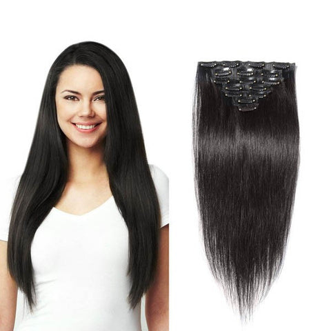 16 inches black straight clips in human hair extensions Natural Color 8 Pieces/Set Full Head Sets 100G - Luckin Wigs