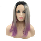 16 inches dark root grey  pink synthetic straight lace front wigs - Luckin Wigs