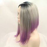 16 inches dark root grey  pink synthetic straight lace front wigs - Luckin Wigs