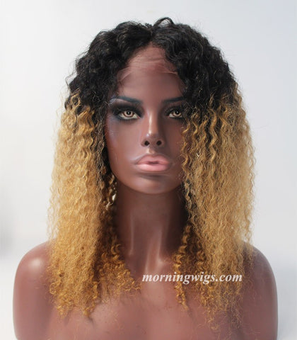 16 inches black ombre blonde kinky curly virgin human hair lace wigs - Luckin Wigs