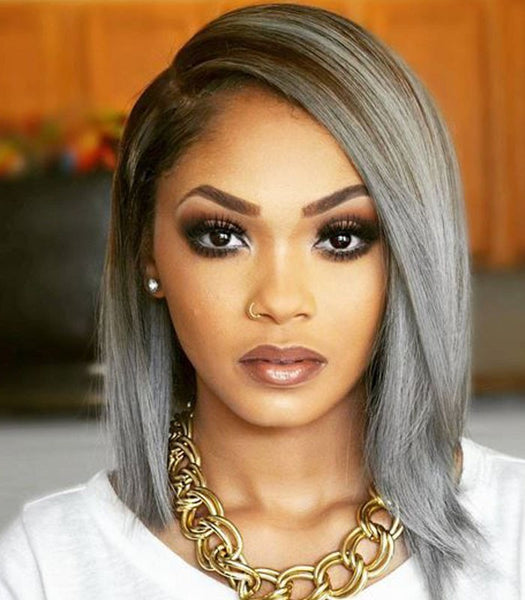 12 inches grey black bob lace front synthetic wigs - Luckin Wigs