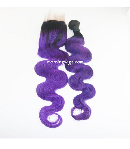 18 inches body wave black ombre purple human hair extensions - Luckin Wigs