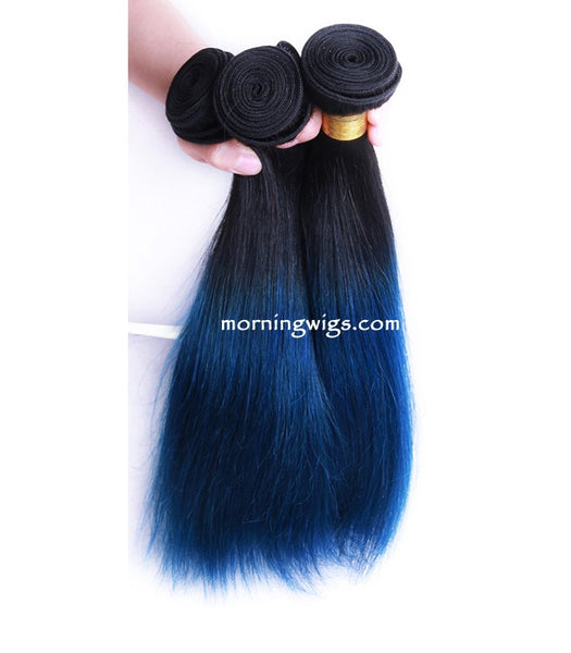 16 inches black ombre blue straiht virgin human hair bundles - Luckin Wigs