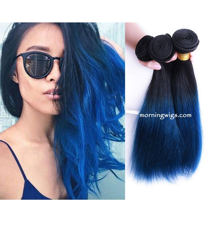 16 inches black ombre blue straiht virgin human hair bundles - Luckin Wigs
