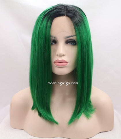 14 inches dark root green natural straight synthetic lace front wigs - Luckin Wigs