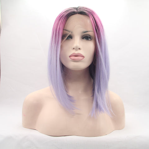 14 inches pink ombre purple natural straight synthetic lace front wigs - Luckin Wigs