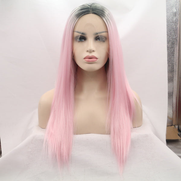 16 inches dark root pink natural straight synthetic lace front wigs - Luckin Wigs