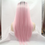 16 inches dark root pink natural straight synthetic lace front wigs - Luckin Wigs