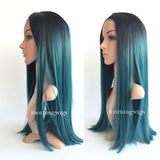 24 inches black ombre blue straight lace front synthetic wigs - Luckin Wigs