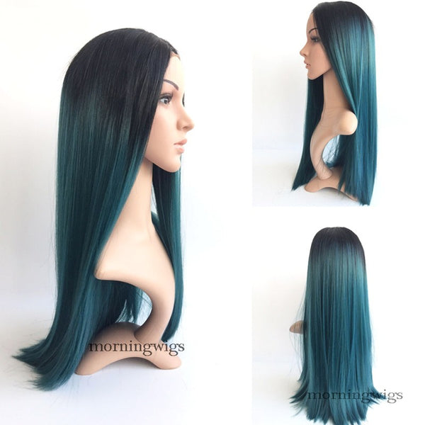 Black ombre dark blue straight synthetic wig - Luckin Wigs