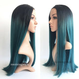 24 inches black ombre blue straight lace front synthetic wigs - Luckin Wigs