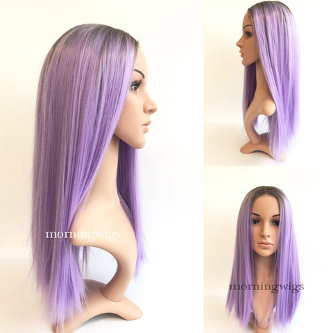 16 inches black light purple straight synthetic lace front wig - Luckin Wigs