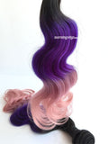 Body wavy style 1B-purple-pink ombre rainbow color human hair bundles - Luckin Wigs