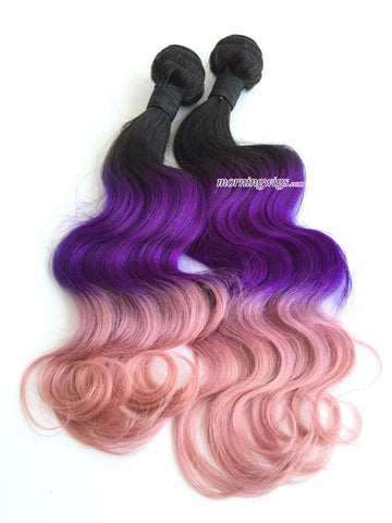 Body wavy style 1B-purple-pink ombre rainbow color human hair bundles - Luckin Wigs