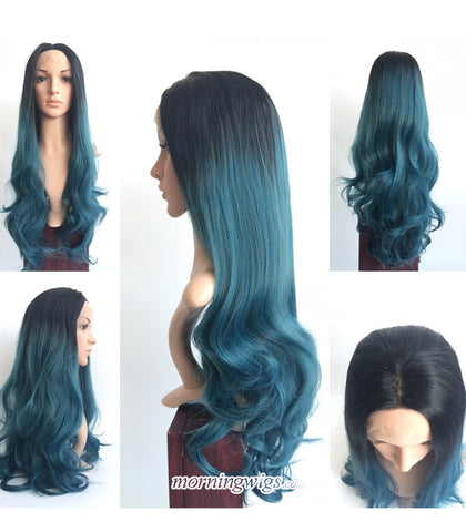 22 inches long body wave dark green fashion synthetic lace front wig - Luckin Wigs