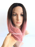 12 inches black pink ombre straight synthetic wig - Luckin Wigs