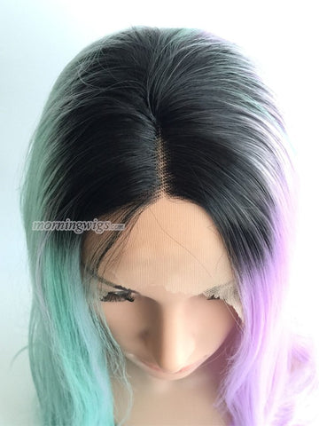22 inches black light blue light purple  synthetic lace front wig - Luckin Wigs