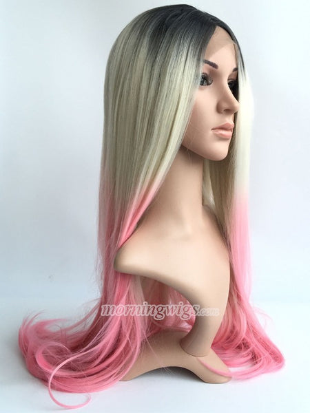 24 inches black blonde pink ombre straight lace front wig - Luckin Wigs