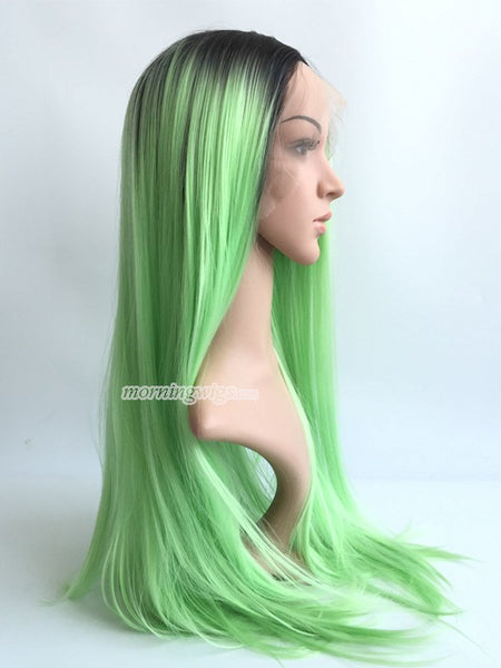 24 inches black bright green ombre straight synthetic lace front wig - Luckin Wigs