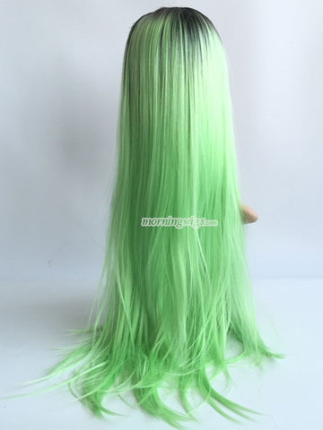 24 inches black bright green ombre straight synthetic lace front wig - Luckin Wigs