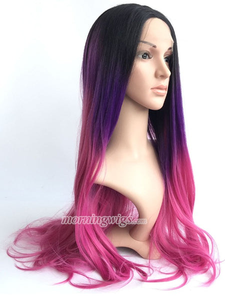 24 inches black rose red ombre color straight synthetic lace front wig - Luckin Wigs