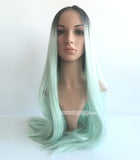 24 inches black ombre light green straight synthetic lace front wig - Luckin Wigs