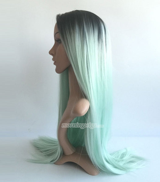 24 inches black ombre light green straight synthetic lace front wig - Luckin Wigs