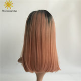 Black ombre pink straight synthetic lace front wig - Luckin Wigs