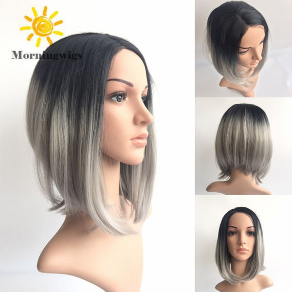 Black and grey color wigs short bobo styler Synthetic lace front lace wigs - Luckin Wigs