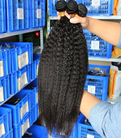 bleached knots black kinky straight Brazilian human hair bundles - Luckin Wigs