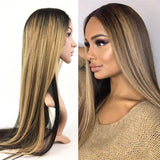 24 INCHES MINK BLOND MIX BLACK STRAIGHT 100% BRAZILIAN HUMAN HAIR GLUELESS LACE WIGS - Luckin Wigs