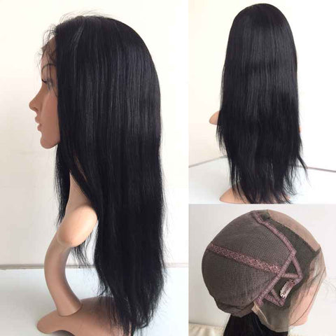 Black Straight 100% Virgin Satin Lace Human Hair Wigs 1B 16" Natural Straight - Luckin Wigs
